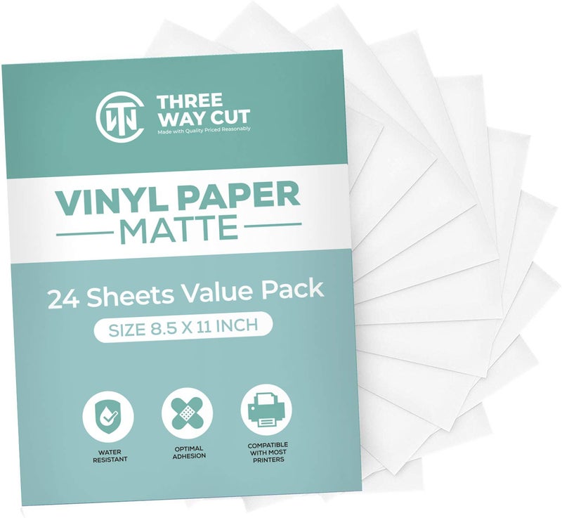 THREE WAY CUT Printable Vinyl Sticker Papers Matte for Inkjet & Laser Printer 24 Sheets White, Decal Paper Tear & Scratch Resistant Quick Ink Dry, Sticker Papers for Making Labels & Crafts - Image 1